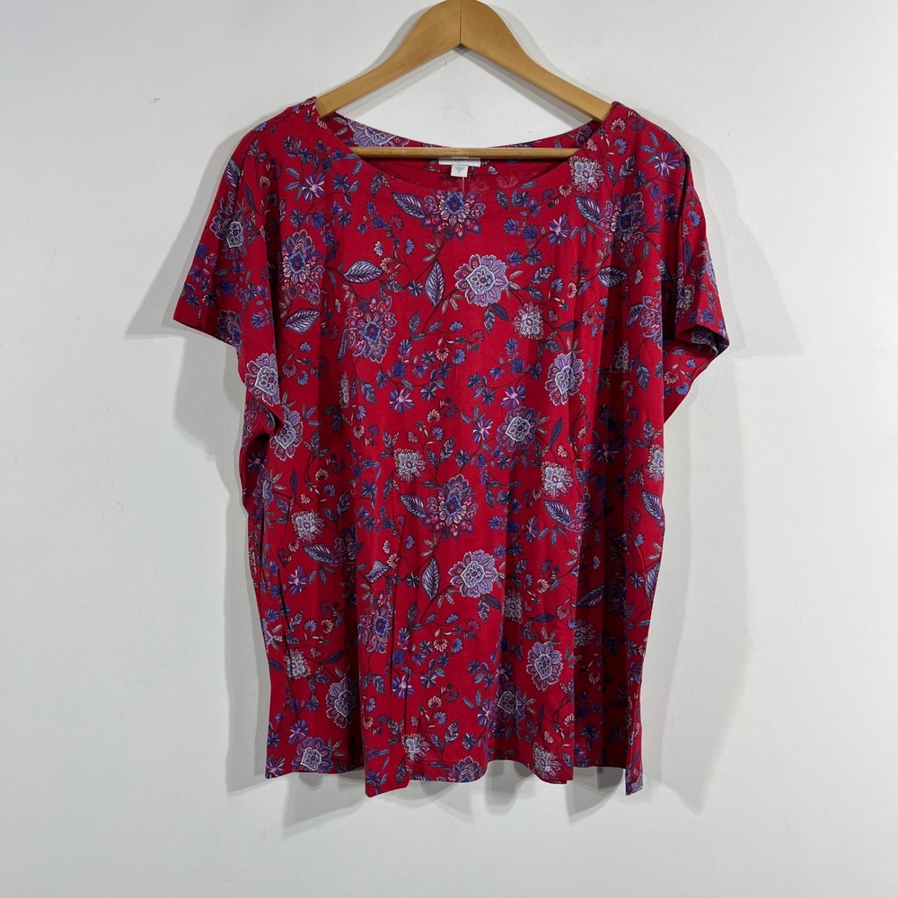 J. Jill Red Boho Artsy Floral Paisley Cotton Tencel Modal Button Back Top XL NWT